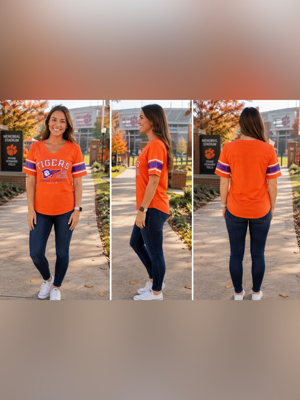 Clemson Tigers Youth Medium 7-9 Orange Football Jersey Style V-Neck Russell Tee